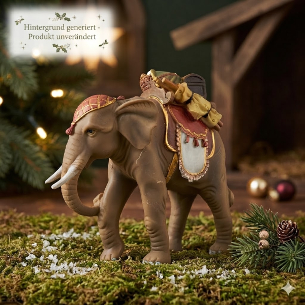 Handbemalte Krippenfigur Elefant mit Gepäck, ca. 15,5 cm, T 081